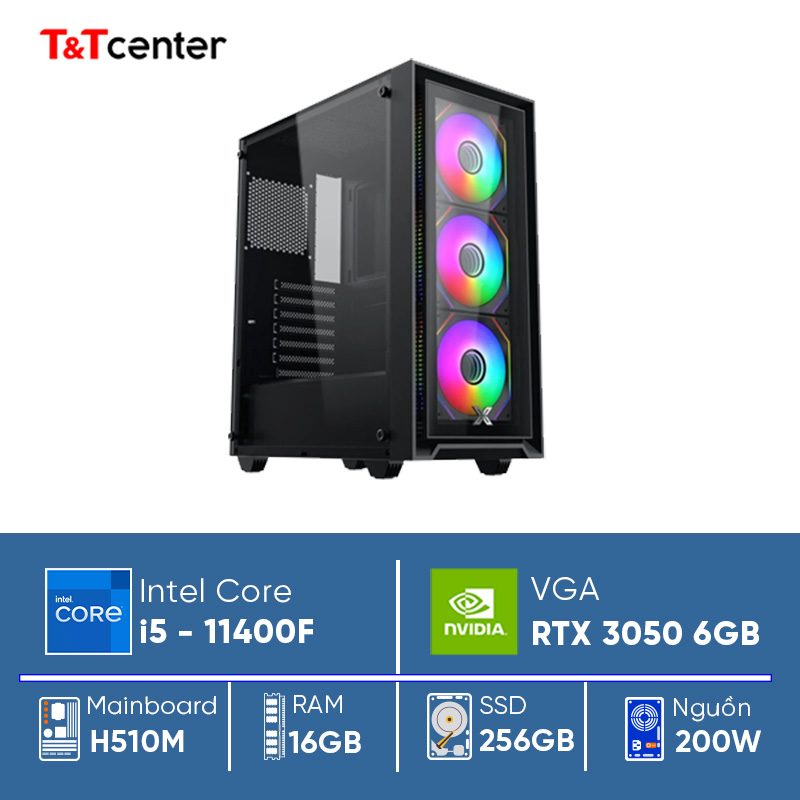 Core i5-11400F H510 | 16GB 3200MHz SSD 256GB VGA RTX 3050 6G 500W Case Gaming 3F Tặng Tản Khí 